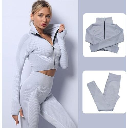 2Pcs Seamless Yoga Set Women Running Sport Suit High Waist Gym Leggings Long Sleeve Zip Yoga Shirts Fitness Workout Tracksuit