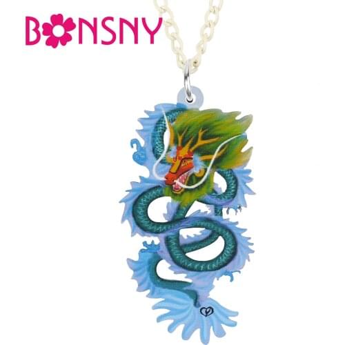 BONSNY Acrylic Cute Blue Dragon Dinosaur Chinese Long Necklace Pendant Fashion Party Novelty Charm Jewelry For Women Girls