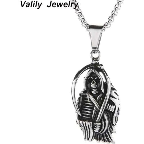 EdgLifU Mens Devil Skull Necklace Silver Vintage Chain Necklace for Man Vampire Gothic Machete Pendant Necklace Stainless Steel