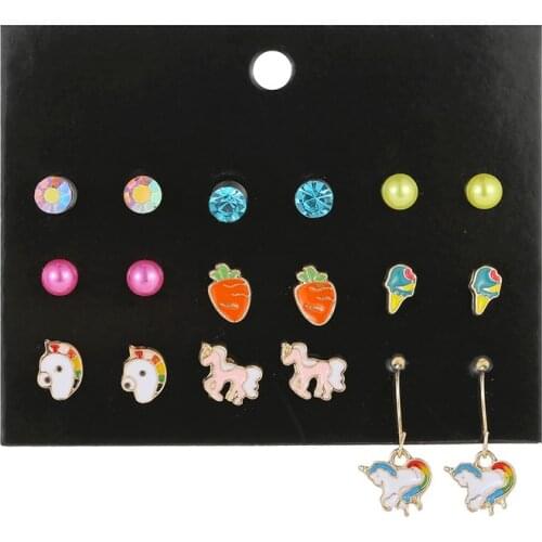 9pairs Cute Animal Horse Unicorn Earring Set For Girls Women Crystal Statement Jewelry Metal Kids Baby Earrings Birthday Gift