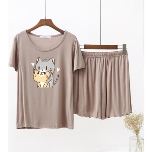 Summer Women Pajamas Set Female Modal Cotton Solid Short Sleeve Homewear Loose Sleepwear Cute Couple Cats Cartoon Women Pajamas
