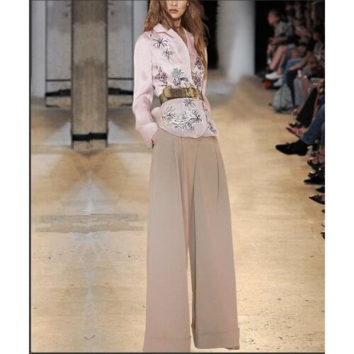 Customization Linen Pant Suits Heavy Embroidery Slim Blazer With Glod Belt Long Pants Sets For Office Lady