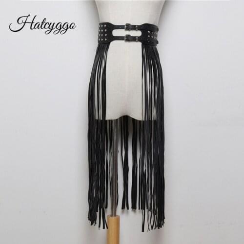 HATCYGGO Women Sexy Tassel Leather Skirts Belt Trendy Long Fringe Black High Waist Belt Female Punk Rivet Gothic Wide Waistband