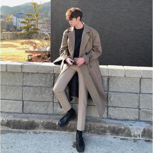 2012 Korean Style Men Trench Coats Plaid Long Double Breasted Belted Oversize Loose Men Duster Coat Outerwear Size M-2XL