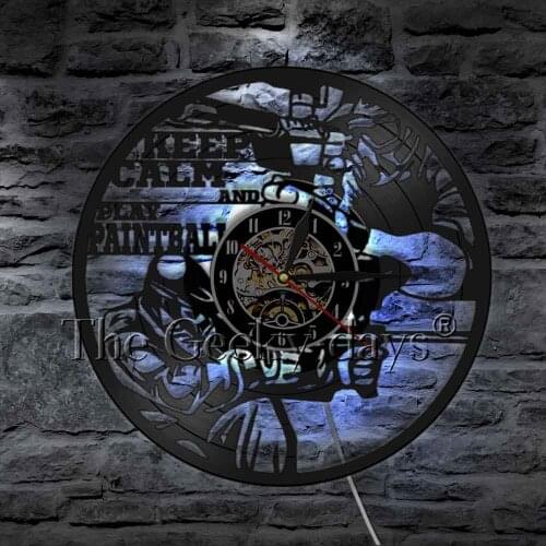 Keep Calm Paintball War Vinyl LED Lighting Camping Sport Wall Clock Decor Vintage Paintball Game Wall Art Vinyl Light