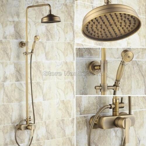 Retro Antique Brass Bathroom Wall Mounted 8 inch Round Shower Heads Single Handle Mixer Tap Rain Shower Faucet Set Wrs173