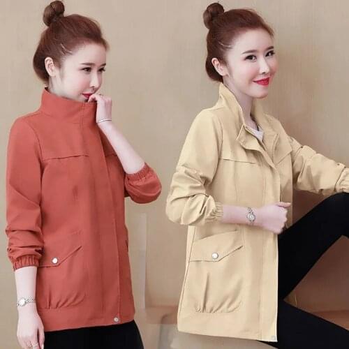 New Women Short Jackets Spring Autumn Stand-up collar Coat Tops Plus size Loose Jacket With Lining Women Long Sleeve Coat Pocket