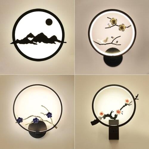 New Chinese creative circular LED wall lamp living room corridor bedroom bedside lamp Chinese style Zen carved wall lamp