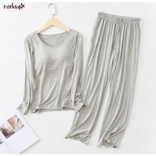 Pijama Feminino New Long Sleeve Trousers Set Modal Cotton Sleepwear Women Casual Bra Padded Winter Underwear Suit Female