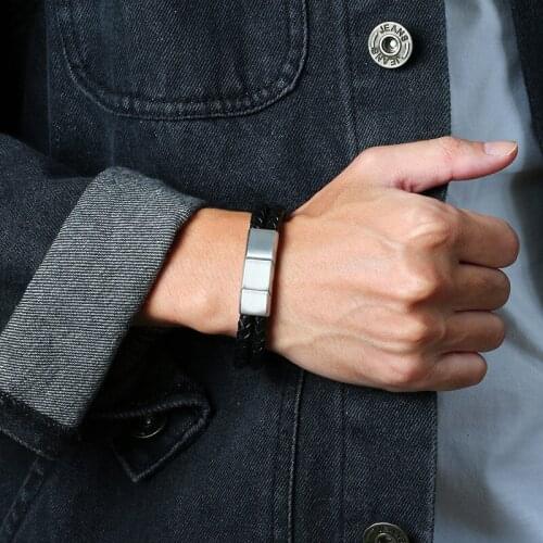 Casual Black Braided Genuine Leather Bracelets for Men Wristband Jewelry with Stainless Steel 2/3 Sections Clasp Accessory