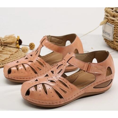 Summer soft-soled Baotou hook and loop womens shoes plus size wedge heel anti-slip sports casual mother women sandals