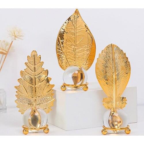 Modern Figurines Metal Golden leaf Decor Crystal Ball Crafts Ornament Living Room Home Decoration Accessories Christmas gift
