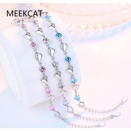 MEEKCAT 925 Sterling Silver New Jewelry Bracelet High Quality Retro Simple Colored Heart Shaped Cubic Zirconia Length 17CM + 4CM