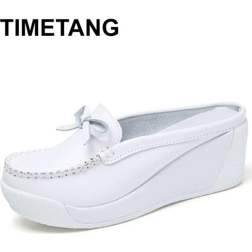 TIMETANG genuine leather wedge sandals for women, thick bottom, platform slippers, white summer shoes, moccasins