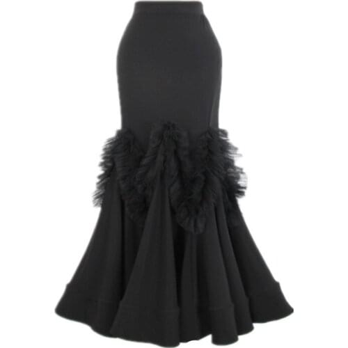 High Quality Women Black Flamengo Ballroom Dance Skirt Female Waltz Tango Competition Fish Bone Dancing Wear Long Skirts DL4550