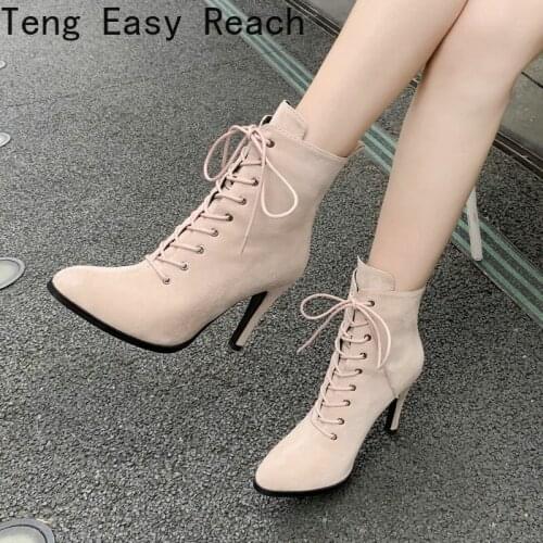 Black Beige Women Ankle Boots Faux Suede Thin High Heel Short Boots Ladies Cross Tied Pointed Toe Boots Autumn Winter Shoes