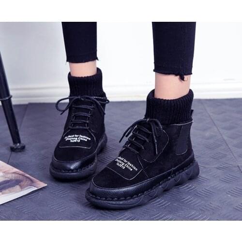 Hot Autumn and Winter Womens High Top Boots Nubuck Plus Velvet Warm Casual Sneakers Round Toe Lace-Up Student Flat Boots