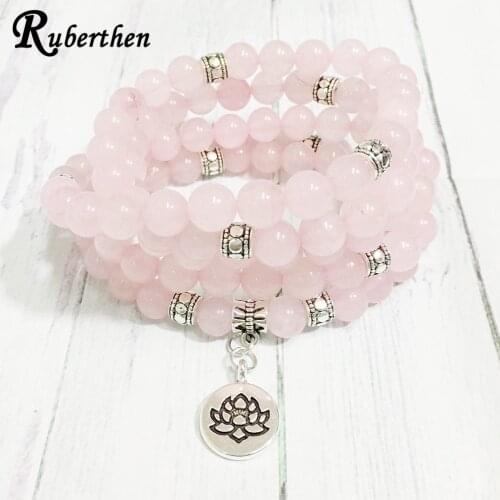 Ruberthen 2019 On Sale Women`s Yogi Bracelet Rose Quarz 108 Mala Bracelet Trendy Design Lotus Charm Yoga Balance Bracelet