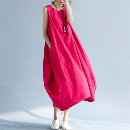 Women Oversized Cotton Linen Loose Sleeveless Maxi Long Dress Female Casual Baggy Plus Size 2020 Chinese Style O-neck Tank Dress