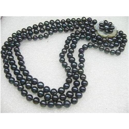 New Classic Luck Pearl Necklace Genuine 3 Strand 8mm Black Color Freshwater Pearl Jewelry Cameo Shell Flower Clasp Women Gift