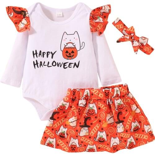 3PCS Baby Girl Clothes Halloween Sets Long Sleeve Ruffle Print Romper Cartoon Pattern Skirt Headband Childrens Clothing 0-24M