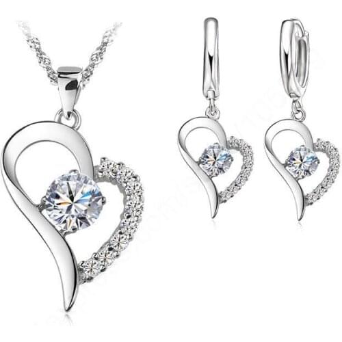 Hot Sale Jewelry Sets 925 Sterling Silver Cubic Zircon Heart Shaped Pendant Necklace Earrings Set For Lady Women Good Gift