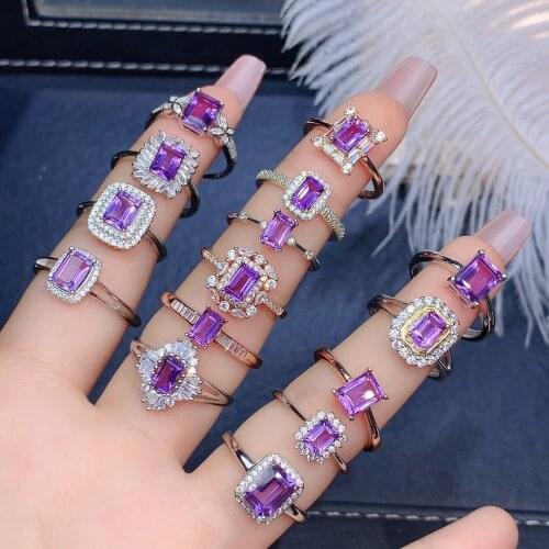 4X6mm Amethyst Zircon Womens Ring Natural Gemstone Jewelry 925 Silver Inlay Adjustable Size Electroplating 24k Gold Anillos Muj