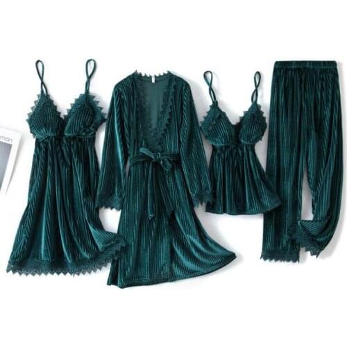 Green Velvet 4PCS Pajamas Suit Intimate Lingerie Women Casual Sleep Set Homewear 2021 Autumn New Sleepwear Home Clothing