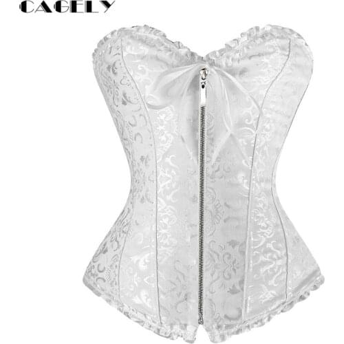 White Classic Dobby Zip Corset Top Floral Brocade Lace Up Bustier Sexy Slim Clothes Body Shaper Underwear Fancy Party Outfits