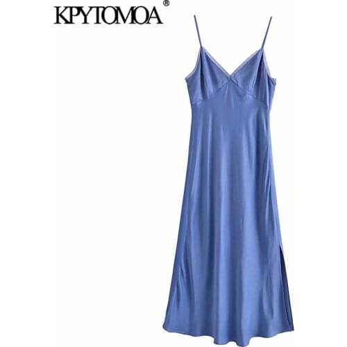 KPYTOMOA Women 2021 Fashion With Lace Side Vent Midi Camisole Dress Vintage Backless Zipper Thin Straps Female Dresses Mujer