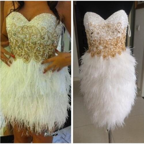 2019 New Real Photos Cocktail Dresses White Feather Skirt Short Sequined Vestidos De Soiree Custom Homecoming Dress