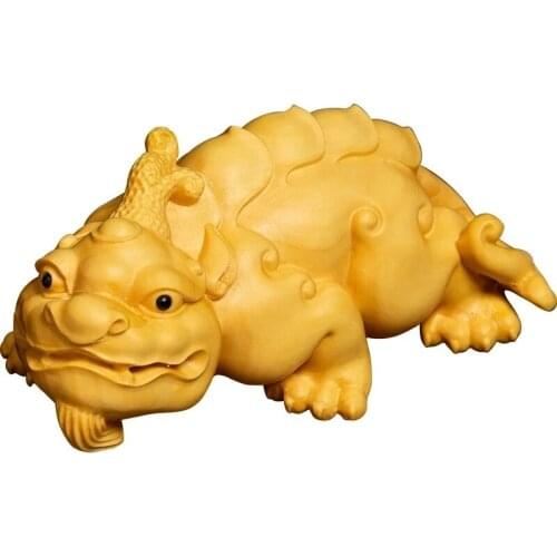Pixiu-Unicorn Wood Animal Statues for Carving Buxus with Rope, Lucky Feng Shui, Creative Hand-held Ornaments