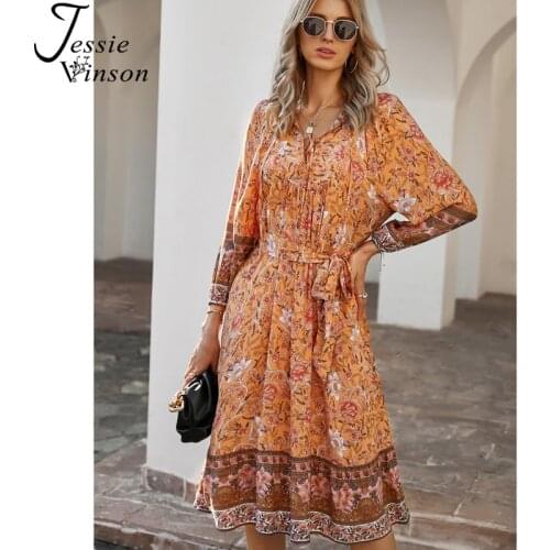 Jessie Vinson Boho Print Mini Dress 3 Quarter Sleeve Lace up Bohemian Beach Dresses Spring Autumn Dress Vestidos Holiday 2021 ZA