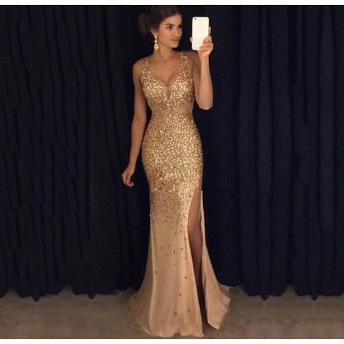 New Sexy Sequined Maxi Dress Long Dress With Highlights Sleeveless Strapless Deep V Neck Party Dress Champagne Pink Dress Women