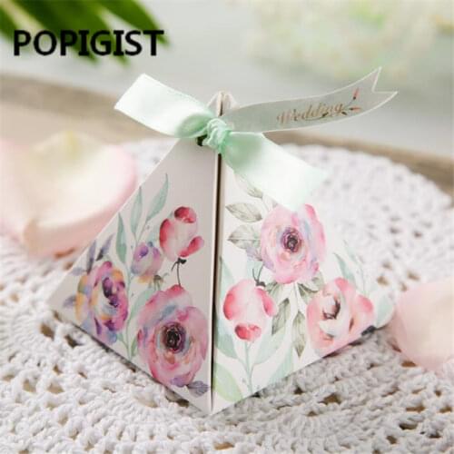 Promotional Exquisite Triangular sweet Camellia rose Flower Wedding Favors Candy Boxes Chocolate Gifts Box+Ribbon+Tag 100