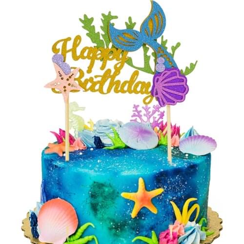 Birthday Cake Decor Mermaid Theme Happy Birthday Cake Topper Cake Decorative Tools Kids Girls First Birthday Party Decoraitons