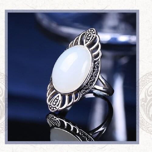 S925 Sterling Silver Inlaid Natural Hetian Jade White Jade Vintage Ring
