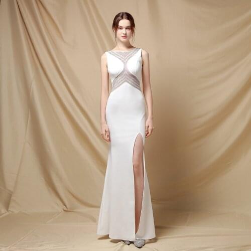 XUCTHHC Women Rhinestone Formal White Dress Wedding Party Maxi Dresstranslucent V Neck Slit Evening Dress Long Prom Dress 2021