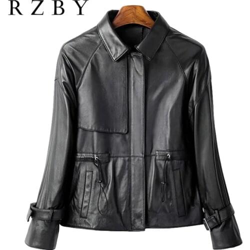 Women Real Leather Jacket Drawstring Natural Streetwear Sheepskin Genuine Leather Coat Harajuku Casual Clothes Female RZBY318