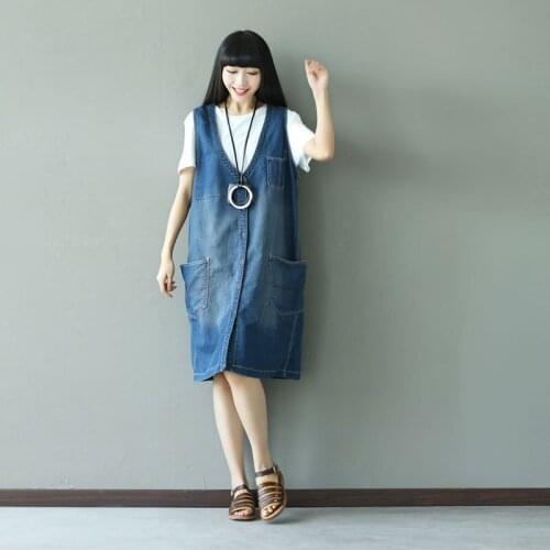 Women Denim Printed Flower Sleeveless Dress Ladies Pockets Denim Vest Dress Vintage Loose Denim Dress Autumn Spring
