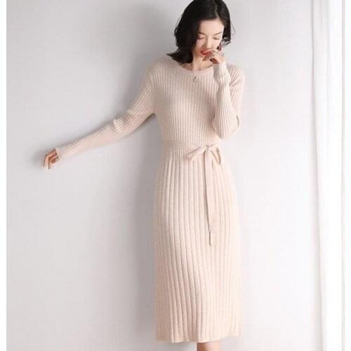 New autumn women dress elegant fashion designer clothes full sleeve knitting o-neck loose midcalf Jersey dress with bow