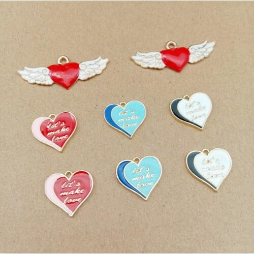 10pcs/lot Heart-shaped Wings Enamel Charms DIY Love Alloy Pendant Handmade Earring Bracelet Jewelry Accessories Making YZ417