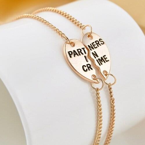 2Pcs/set Gold Silvery Partners In Crime Hearts Friendship Bracelets Bangles For Couple Best Friend Charm Statement Jewelry Gifts