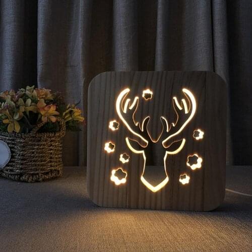 Deer 3D Wood Night Light Novelty Bedroom Bedside Lamp USB Hollow Table Light Animal Night Lamp Home Decoration Kid Gifts 2022