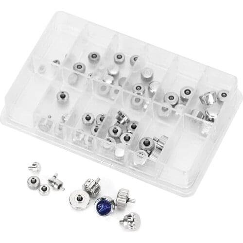 60pcs/set Stainless Steel Watch Crown Watch Flat Head Watch Parts Replacement Accessory Kit Watch Repair Tool for Watchmaker