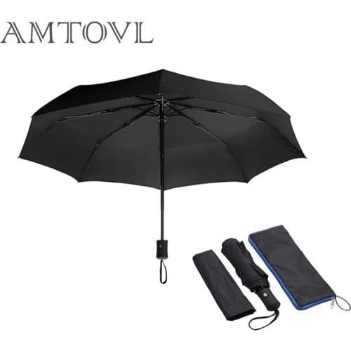 AMTOVL Automatic Folded Umbrella Auto Open Close Windproof Travel Umbrella Black With Fiber Umbrella Bag For Various Occasions