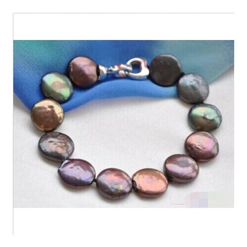 Free shipping P4027 8" 14mm black coin freshwater pearl bracelet@^Noble style Natural