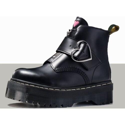 Peach heart martens boots female buckle leather short boots girl fashion boots zipper thick bottom British style womens shoes