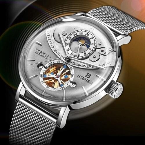 BINGER skeleton Mechanical Men Watches moon phase Switzerland Automatic Watch Men Full Steel Relogio Masculino Waterproof clocks