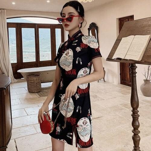 Black Cheongsam Mini Chinese Traditional Dress Qipao Ladies Vintage Elegant Floral Print Party Dresses Women Sexy Prom Gown